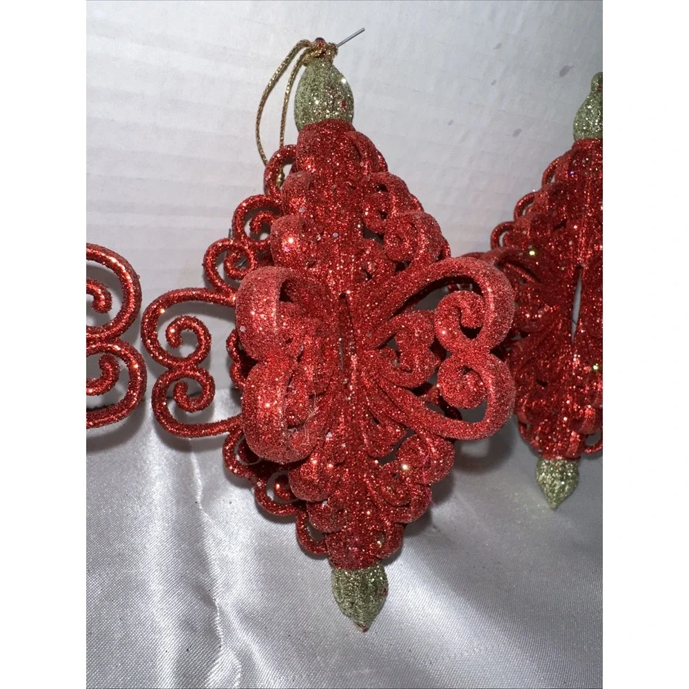 Red Glitter Scroll Christmas Ornaments Set of 3 Filigree Finial Holiday Decor